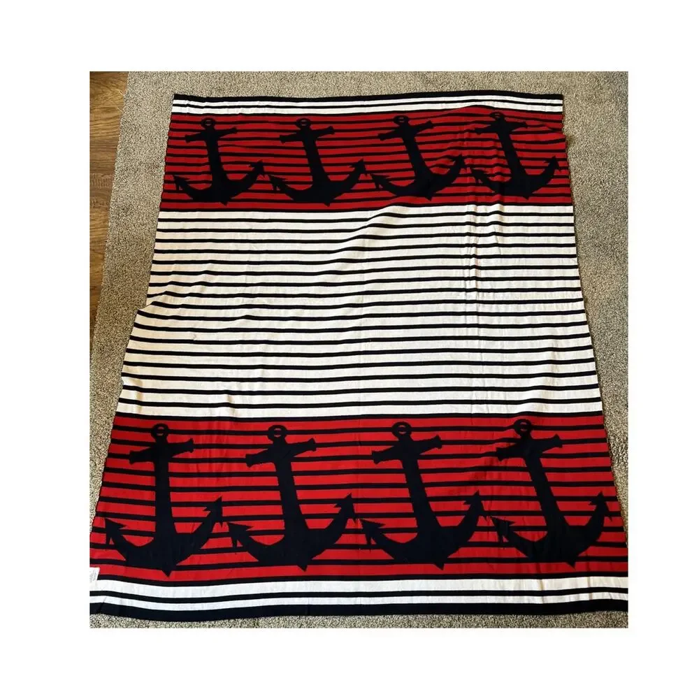 Nautical Throw Blanket 50x60 Knit Red White Blue Stripe Anchor Coastal Beach NEW